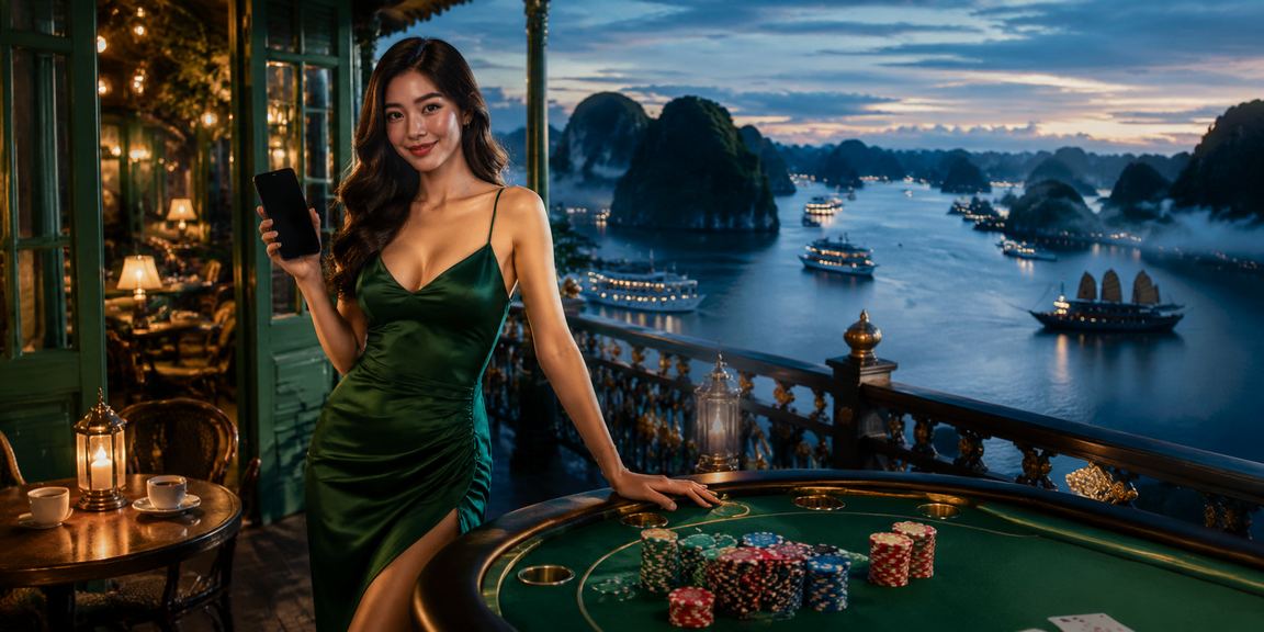 Người chơi thưởng thức game bài tại Hạ Long Bay cùng ly cà phê Việt Nam