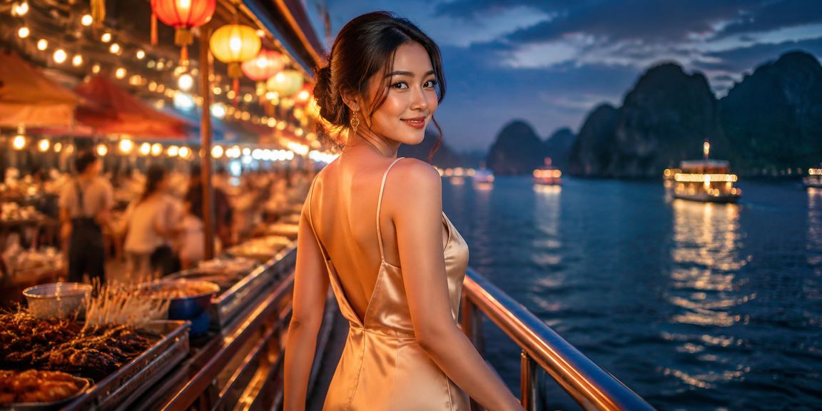 Cảnh vịnh Hạ Long về đêm bên chợ đêm, biểu trưng cho tiền thưởng hoàn tiền hấp dẫn